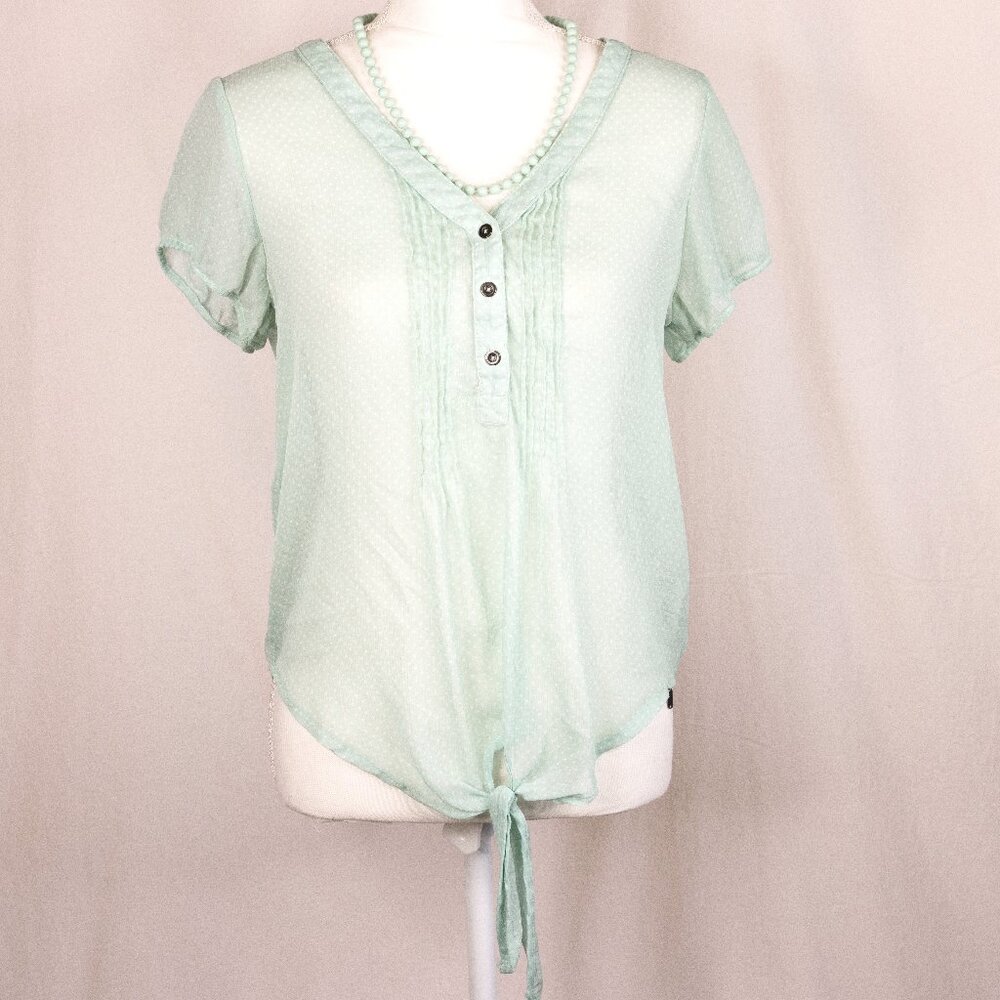 Garage 100% Polyester Semi Sheer V Neck, Pastel Green, Polka Dot Blouse, Size M